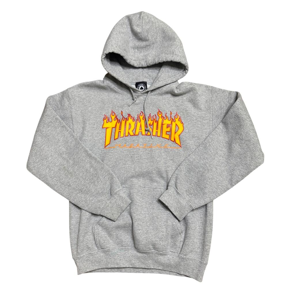 THRASHER MAGAZINE HOODIE S SMALL GREY GRAY HOODED SWEATER PULL OVER DRAW STRING